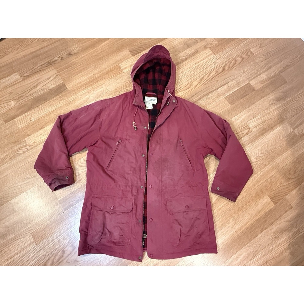 LL Bean Vintage Red Field Chore Jacket Cotton Nylon Men's MED Wool Lined Flaws